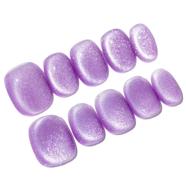 Sun&Beam Nails Handmade Nail Tips, Short, Round, Plain, Lavender, Purple, Cat Eye, Magnet, Popular, Stylish, Cute, False Nails, Pack of 10, (#94 S)