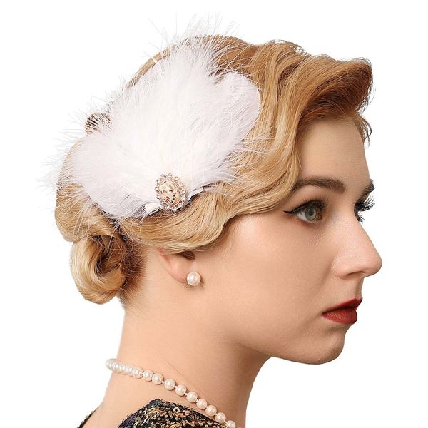 GENBREE 1920s Flapper Headband White Feather Hair Clip Rhinestone Gatsby Headpiece Prom Party Hair Accessories for Women and Girls (Pattern 1)