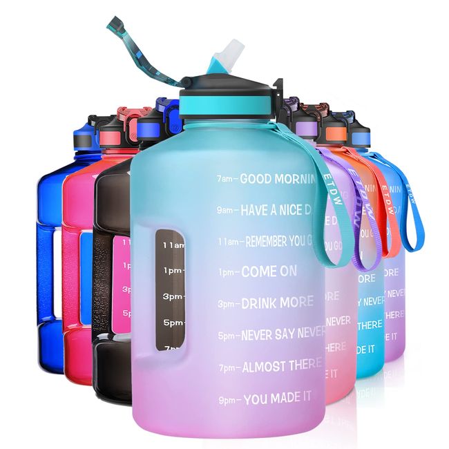 ETDW 2.2 Litre Drinking Bottle with Straw and Handle BPA Free, 2.2L Water Bottle with Time Marker, LeakProof Sport Water Jug for Gym, Outdoor, Home Green Purple