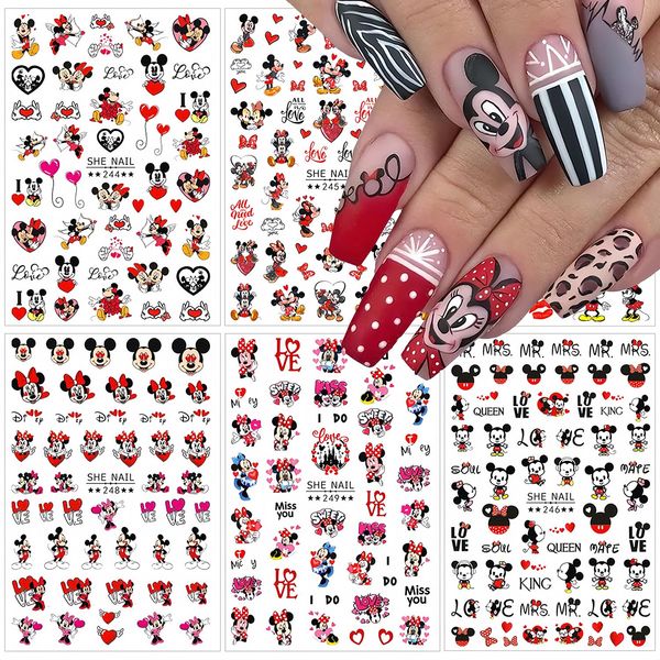 Cute Nail Art Stickers 6 Sheets Cute Nail Decals 3D Self Adhesive Cute Cartoon Nail Stickers Valentine's Day Heart Kawaii Nail Decals Charms for Women Girls Valentine's Day Nail Decoration Supplies