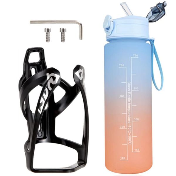 Fahrrad Flaschenhalter Set, Fahrrad Getränkehalter mit 750ML Motivierende Sport-Wasserflasche, Leichter Mountainbike Wasserflasche Käfig Zeitmarkierungen Sportflasche Set für Fahrrad Radfahren