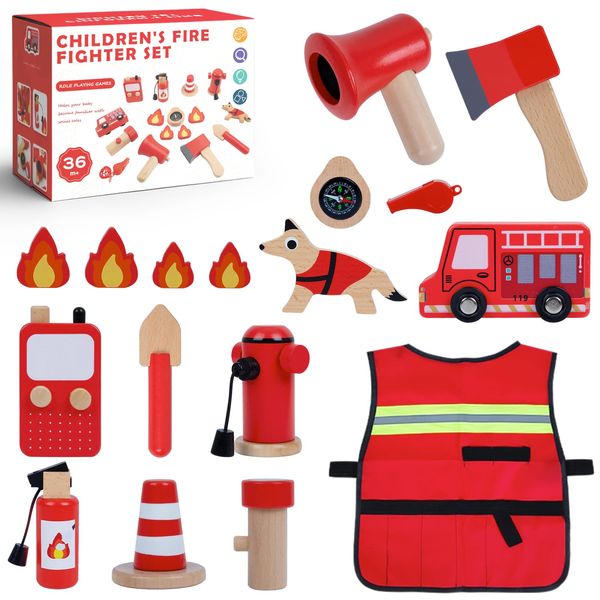 17 Pcs Fireman Wooden Toy with Firefighter Costume Set, Fireman Pretend Play Toy Accessories Set Including Fire Extinguisher, Intercom and Firefighter Vest, Pretend Play Toys for Kids Ages 3+