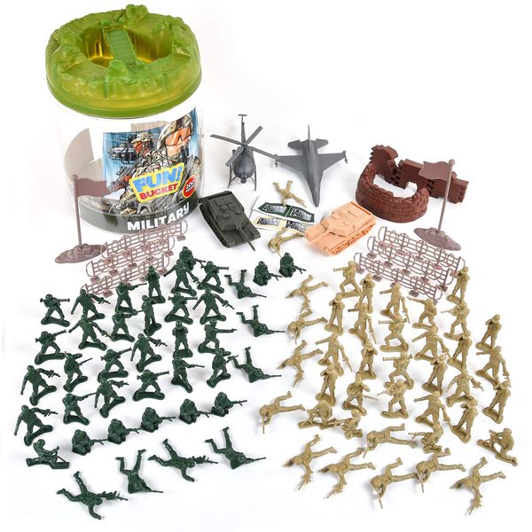 Sunny Days Entertainment Military Battle Group Bucket – 100 Assorted Soldiers and Accessories Toy Play Set for Kids, Boys and Girls | Plastic Army Men Figures with Storage Container