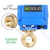 U.S. Solid Motorized Ball Valve 1/2in Full Port Brass 9-24V NC Auto Return