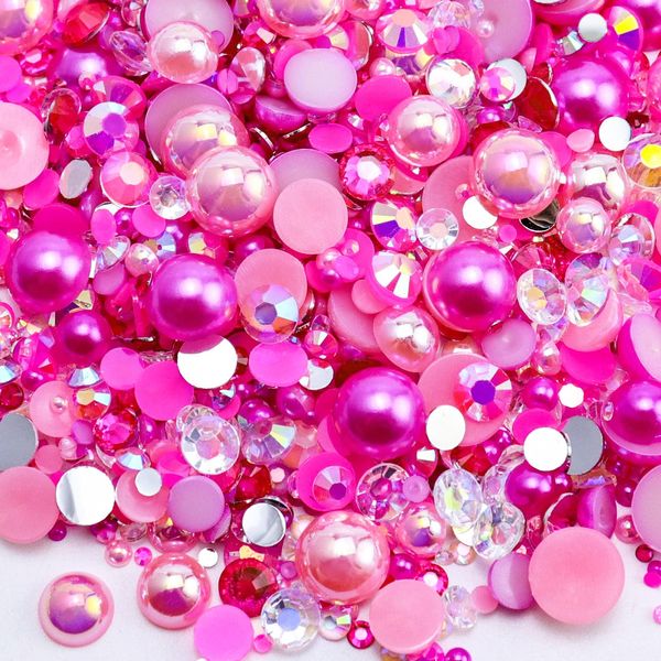 Briskbloom 60g Mix Pearls and Rhinestones for Crafts, 3620PCS 2mm-10mm Flatback Pearl Rhinestones for Nails Face Art Tumblers, Jelly Rhinestones and Half Pearls, Light Pink|Hot Pink|Clear