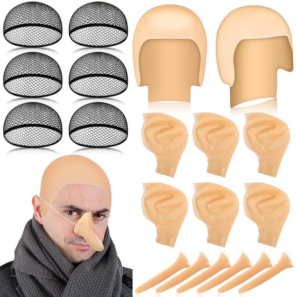 Yunlly 18 Pack Halloween Bald Caps Set Makeup Latex Bald Head Wig Cap Long Fake Nose for Adults Costume Accessories(Classic)