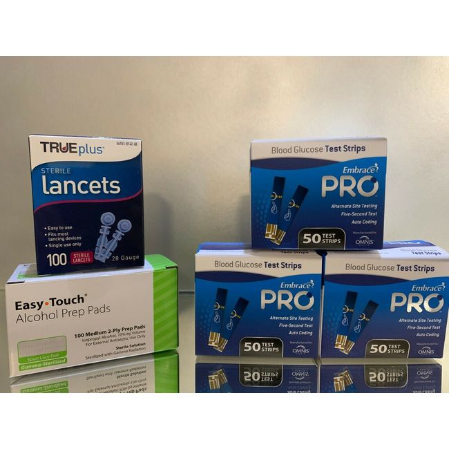 Embrace Pro Blood Glucose Test Strips 150 Count, PLUS lancets and alcohol pads