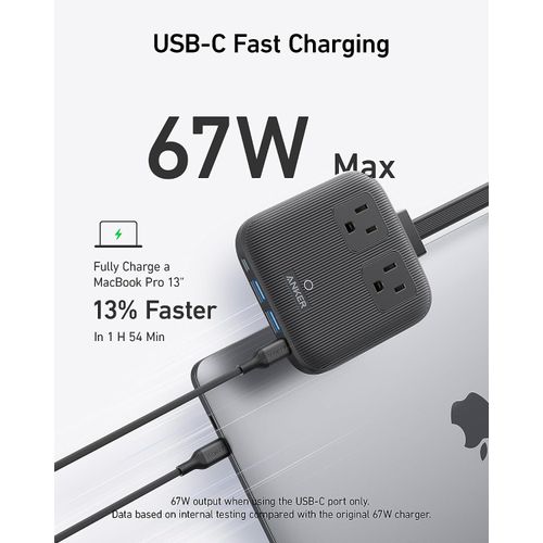 Anker Nano Charging Station 6-in-1 67W USB C Power Strip 2-Outlets Flat Plug 5ft