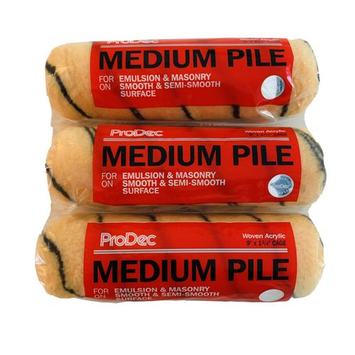Prodec 9" x 1.75" Inch Medium Pile Roller Sleeves Refill Heads Covers for Walls, Ceilings, Smooth & semi-Smooth Surfaces Trade and DIY Emulsion & Gloss Paint - (3 Pack)