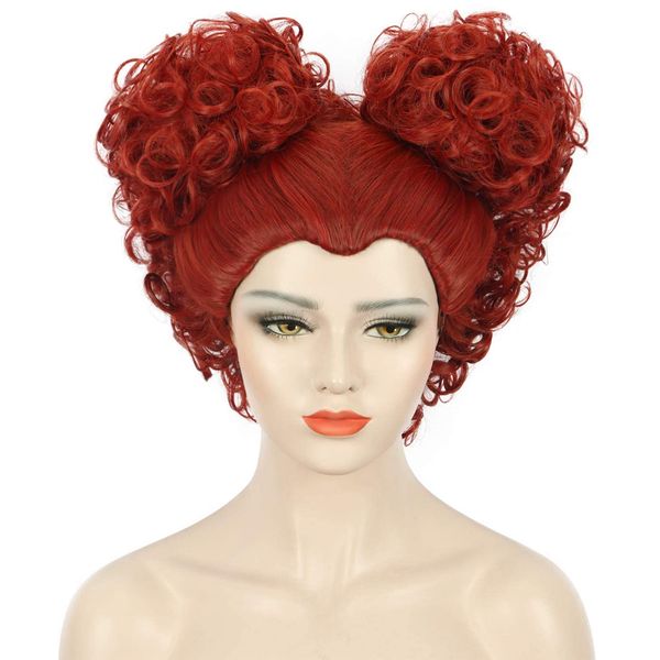 karlery Adult Women Short Curly Red Bud Bal Wig Flat Bangs Updo Chignon Sanderson Costume Wig Halloween Cosplay Party Wig