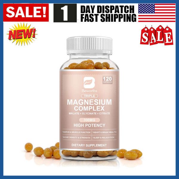 120 Caps Triple Magnesium Complex Supplement - Mag Glycinate, Citrate, Malate