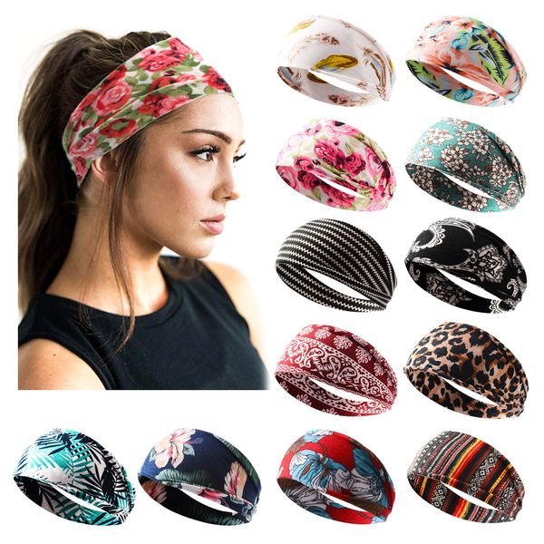 Jesries 12 Pack Headbands for Women Boho Printed Non Slip Hair Band Sport Yoga Running Elastic Sweat Hair Wrap for Girls