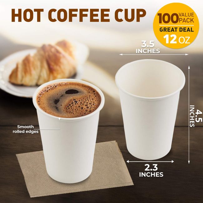 [100 Pack] 8oz White Paper Coffee Cups - Disposable Paper Cups - Hot Drink,  Tea, Coffee, Cappuccino, Hot Chocolate, Chai, Chai Latte, Hot Cup, Office