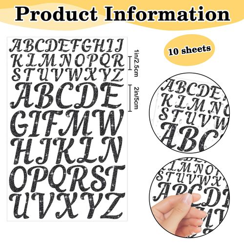 10 Sheets Letter Stickers Glitter 520Pcs Large Capital Alphabet Stickers Vinyl Self Adhesive Stick on Letters for Water Bottle Scrapbooking Mailbox Craft Bulletin Board Graduation(Black,1 Inch,2 Inch)