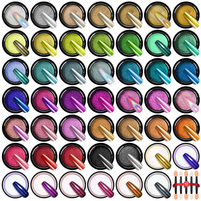 Saviland Chrome Nail Powder Set - 48 Colors Metallic Gold Mirror Chrome Nail Powder Holographic Nail Art Chrome Powder for Gel Nails French Manicure Nail Art Decoration Home &amp; Nail Salon DIY