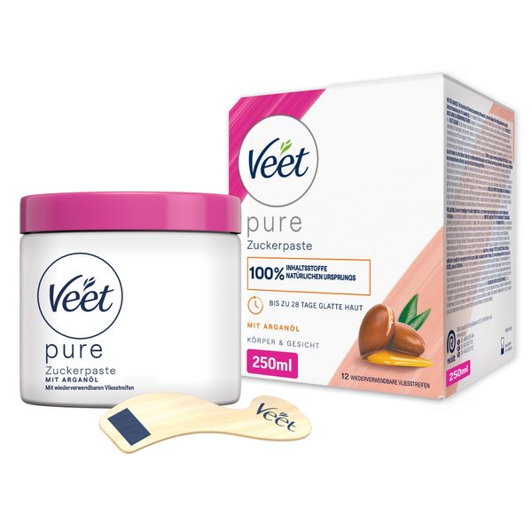 Veet Pure Zuckerpaste mit Arganöl - Sugaring Paste für die Haarentfernung an Körper & Gesicht - 1 x 250 ml inkl. Holzspatel & Stoffstreifen