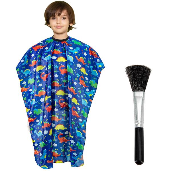 Gealaek Kids Haircut Cape and Neck Duster Brush Set with Dinosaur Pattern Kids Barber Cape 55x40 Inches for Boys & Girls Salon Cape Kit (Blue)