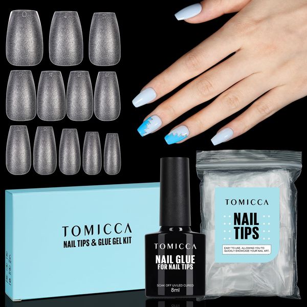 TOMICCA Nail Extension Kit, Nail Tips and Glue Gel Kit, 4 In 1 Nail Glue and Base Gel with 150Pcs Coffin Nails DIY Nail Art Acrylic Nail Kit Easy Nail Extension Set, Gifts for Women Girls