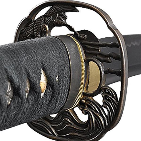 Handmade Sword - Samurai Katana Sword, Battle Ready, Hand Forged, 1045 Carbon Steel, Heat Tempered, Full Tang, Sharp, Crane Tsuba, Black Wooden Scabbard Painted Gourd and Leaf Pattern