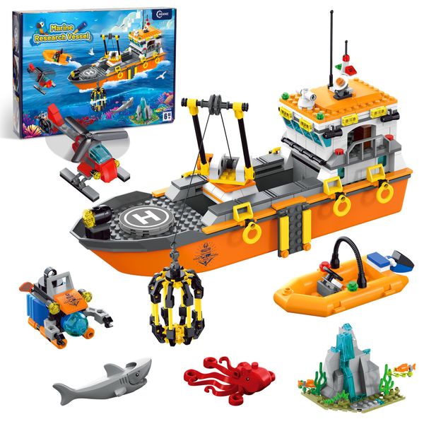 AKWME City Ocean Explorer Ship Building Set, Fun Toy Exploration Boat Building Block Kit with LED Lights,Helicopter, Submarine,and Shark Cage, Birthday Gifts for 6 8 10 12 Years Old Boys Girls Kids