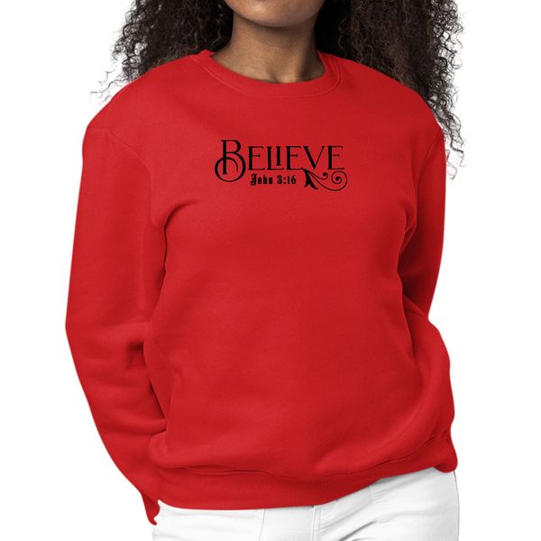 Womens Graphic Sweatshirt Believe John 3:16 Black Illustration - Red / L