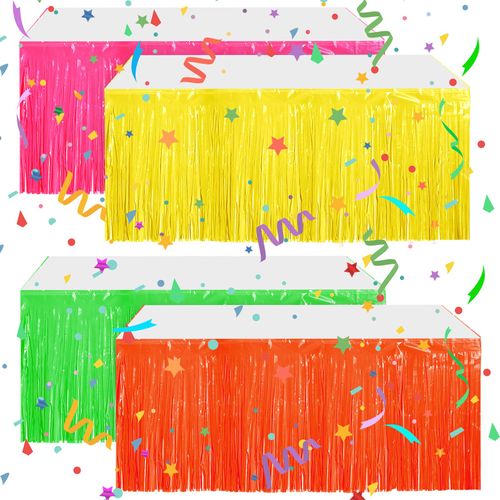 VitalCozy 4 Pcs Neon Party Metallic Tinsel Foil Fringe Table Skirts for Rectangle Tables 29 x 108 Inch Neon Party Streamer Garland Curtains Backdrop for Xmas Wedding Birthday Party Decor