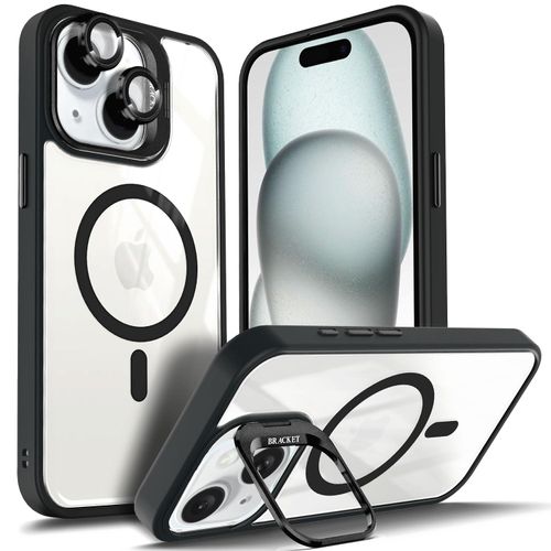 YZB Designed for iPhone 15 Case, Black | Magnetic Compatible with MagSafe | Built-in Stand & Camera Lens Protector | Anti-Yellowing & Scratch-Resistant Crystal Clear Back Cover