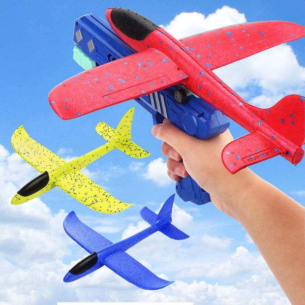 QISHI PLAN0001 3 Pack Airplane Toys with Launcher, Kids Foam Glider Planes, Blue