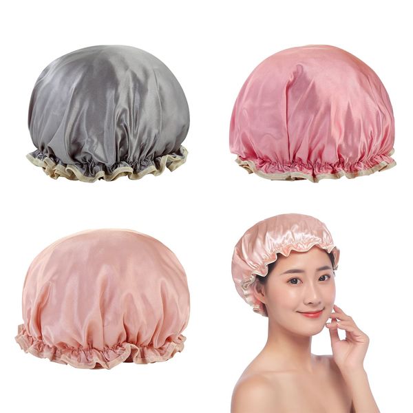 RICISUNG Shower Caps, Hair Caps, Set of 3, 2 Layers Waterproof, For Baths, Waterproof, Reusable, Beautiful Hair, Cosmetic Caps, SPA, Women's, Bath Cap, Elastic Hair Cap, For Hot Springs, Cooking, Face Washing, Cute, For Baths, Long Hair, Flexible, Commerc