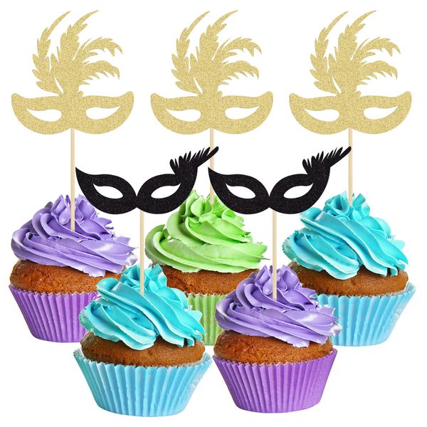 Gyufise 24 Pack Masquerade Masks Cupcake Topper Gold Black Glitter Mask Cake Topper Picks Dessert Cupcake Toppers for Masquerade Mardi Gras Party Baby Shower Birthday Party Decorations