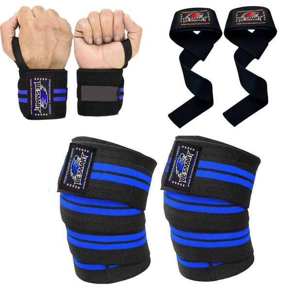Be Smart Knee Wraps Weight Lifting Body Building Gym Training Support Leg Wrist Straps BL (Blue, One Size)
