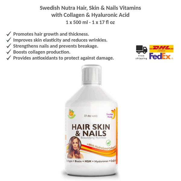 Swedish Nutra Hair Skin & Nails Vitamins with Collagen & Hyaluronic Acid 500ml