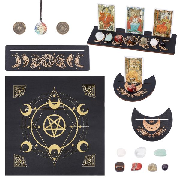 CREATCABIN Tarot Card Holder Set Tarot Card Stand Holder Wooden Tarot Tablecloth Decision Maker Coin Chakra Necklace Witchcraft Wiccan Altar Supplies Spiritual Power for Divination Meditation - 12Pcs