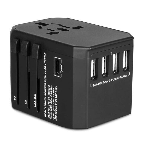 Reiseadapter Reisestecker Weltweit 224+ Ländern 5.6A Fast Charge Universal Travel Adapter mit 4 USB Ports+Typ C und AC Steckdosenadapter Internationale Netzadapter für USA EU Deutschland Thailand Usw