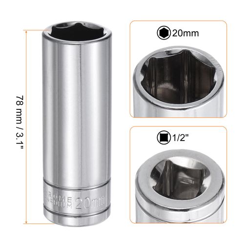 HARFINGTON 6-Point Socket 1/2" Drive 20mm Metric 3.1" Length 45# Steel Deep Sockets Full Polishing Chrome Sockets for Car Repair Mechanical Maintenance Home Use