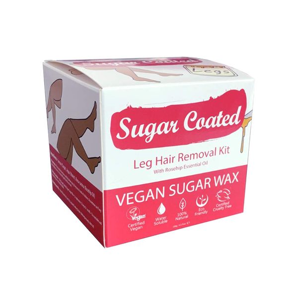 Sugar Coated Hair Removal Wax Kit for Leg Waxing, Sugar Wax for Leg Hair Removal with Wax Strips, Gentle and Non-Damaging Waxing Kit, Contains Essential Rosehip Oil to Moisturise Skin 200g