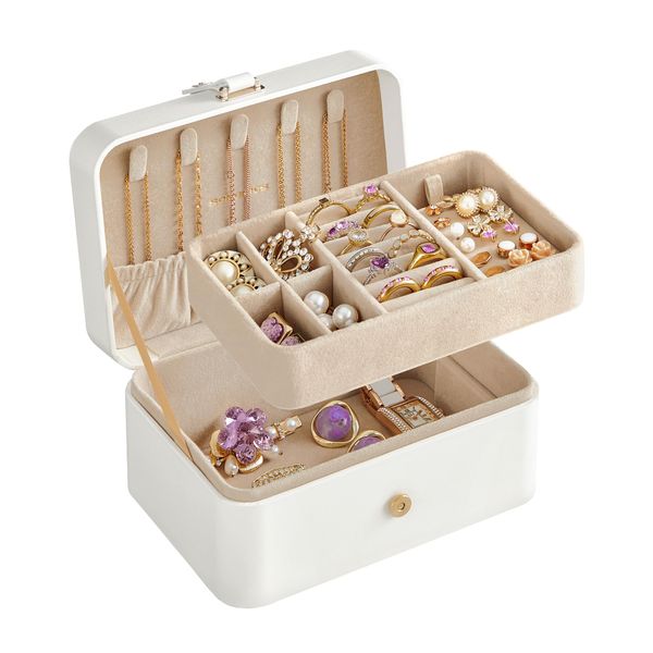 SONGMICS Jewelry Box, Travel Jewelry Case, 2-Layer Jewelry Holder Organizer, 4.3 x 6.3 x 3.1 Inches, Portable, Versatile Earring Storage, for Larger Accessories, Gift Idea, Cloud White UJBC166W01