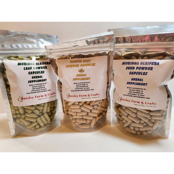 Ground Ginger Root Moringa Leaf and Seed Capsule Value Packs (Ginger Root + Moringa Leaf + Moringa Seed) - Made Fresh On Demand! - All Natural!