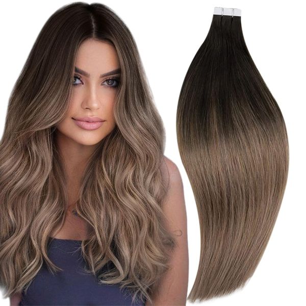 RUNATURE Invisible Tape Extensions Echthaar Braun Blond Balayage 45cm 20 Stück 50g Tape in Extensions Echthaar Dunkelbraun Ombre Mittelbraun Mit Aschblond Glatt Echthaar Extensions Tape #2/6/18