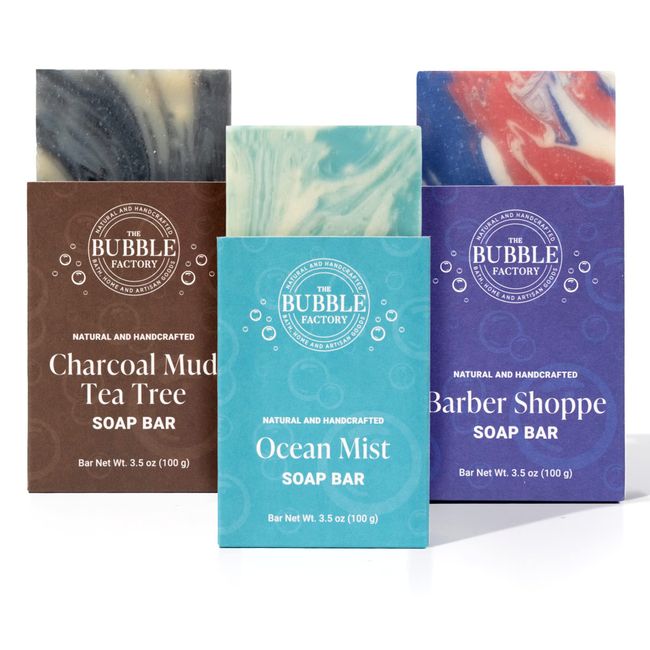 The Bubble Factory Fresh & Clean Collection - Handmade in the USA, Palm Oil Free, All Natural Bar Soap, 3 Bar Variety Pack, Barber Shoppe, Charcoal Mud Tea Tree, Ocean Mist