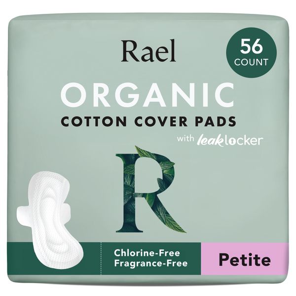 Rael Pads for Women, Organic Cotton Cover - Period Pads with Wings, Feminine Care, Sanitary Napkins, Light Absorbency, Unscented, Ultra Thin (Petite, 56 Count)