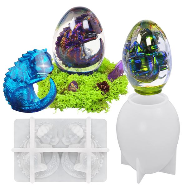 2 Pcs Easter Egg Mould Silicone Dragon Mould Set Resin Egg Crystal Lava Dragon Fondant Mold Candle Making Kits Mould Jewelry Pendant Mould for Easter Home Party DIY Crafts Ornaments Kid Toy