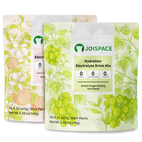 JOISPACE Electrolyte Drink Mix - Green Grape Oolong Tea &　Grapefruit Jasmine Tea - Hydration Powder Packets with Tea Polyphenols & Ascorbic Acid|Non-GMO,Vegan Electrolytes Powder Packets| 32 Servings