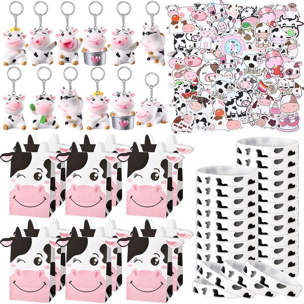 86 Pcs Cow Party Favors Supplies Include Cow Keychains Cow Silicone Bracelets Cow Party Paper Bags Treat Bags Cow Vinyl Stickers for Girls Kids Cow Farm Animals Cowboy Birthday Party Supplies