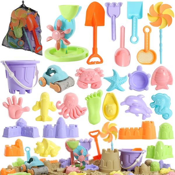 Beach Sand Toys for Kids - 31 pcs Sandbox Toy Set for Kids 3-10, Sand Castle Toys with Water Wheel, Bucket, Shovel Tool Kit, Windmill, Sand Molds Summer Beach Toys in Mesh Bag, Kids Outdoor Beach Toys