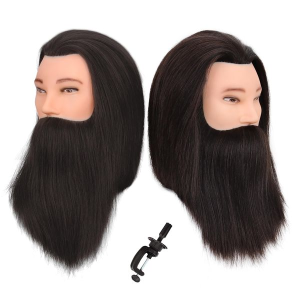 Male Mannequin Head with Human Hair Barber Mannequin Head Beard Practice Male Haircut 100% Manikin Head Doll Head for Hairdresser Cutting Styling with Clamp Stand-Black