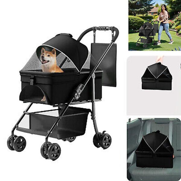 2-in-1 Foldable Dog Stroller Pet Travel Carrier Cart Removable w/ 4 Wheels