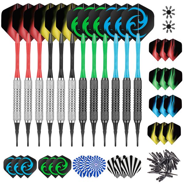 CareGames Soft Darts Set 12Packs with 4 Colors Plastic Shafts,Extra Flights,Points and Flight Protectors