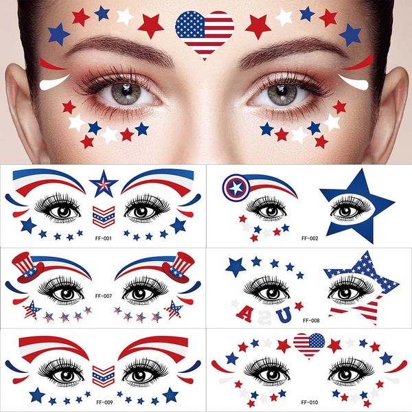 4th of July Temporary Tattoos Stickers, 10 Sheets Independence Day Face Tattoo Decals Eye Makeup Sticker Red Blue White USA Flag Star Fake Tattoo Patriotic Body Art Decoration Tattoo Stickers