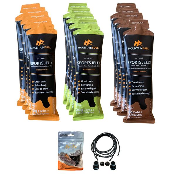 Mountain Fuel Isotonic Sports Jelly - The Refreshing Alternative to Energy Gels (Pack of 12 Mixed Flavours). Bundled with a Pair of VPoint Leisure No-Tie Elastic Shoe Laces